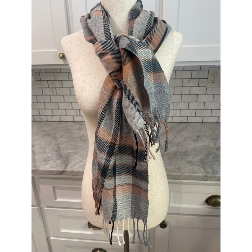 Royal Rossi Scarf Women OS Grey Tan Plaid 100% Cashmere Fringe Winter Accessory
